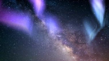 Aurora ve Samanyolu Galaksisi Gece Gökyüzünde 03 Zaman Hızı Yıldızları Benzetim Kuzey Işıkları