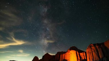 Samanyolu Galaksisi yaz aylarında 24 mm Kamp Ateşi Kırmızı Kaya Kanyonu Mojave Çölü 'nden aşağı eğik ABD