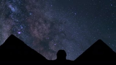 Sfenks ve Piramitlerin Mısır Silüetleri Samanyolu Galaksisi Altında Gece Gökyüzünde