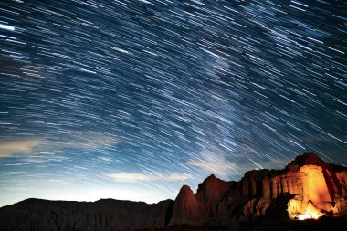 Milky Way Galaxy Star Trails Over Campfire Red Rock Canyon in South Sky at 24mm Astrophotography in Mojave Desert California USA