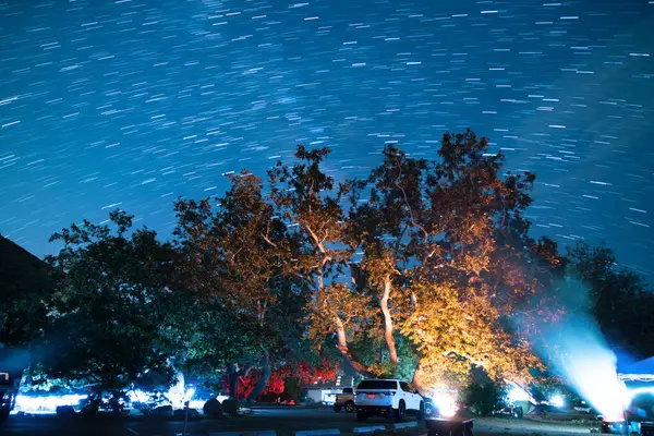 Malibu Samanyolu Galaksisi Yıldız Patikası Sycamore Kampı 'nın üzerinde Astrofotoğrafçılık Gecesi Santa Monica Dağı Kaliforniya ABD