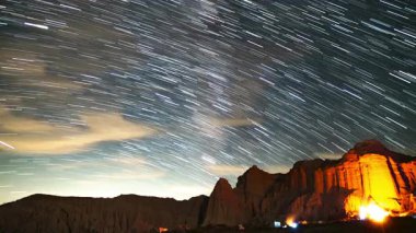 Samanyolu Galaksisi Yıldız İzleri Kamp Ateşi Kırmızı Kaya Kanyonu 'nda 24 mm Astrofotoğrafçılık Gece Gökyüzü Süreleri Mojave Çölü Kaliforniya ABD' de