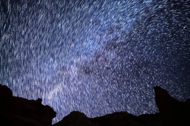 Milky Way Galaxy Star Trails in West Sky at 24mm Over Rock Formation Astrophotography in California USA