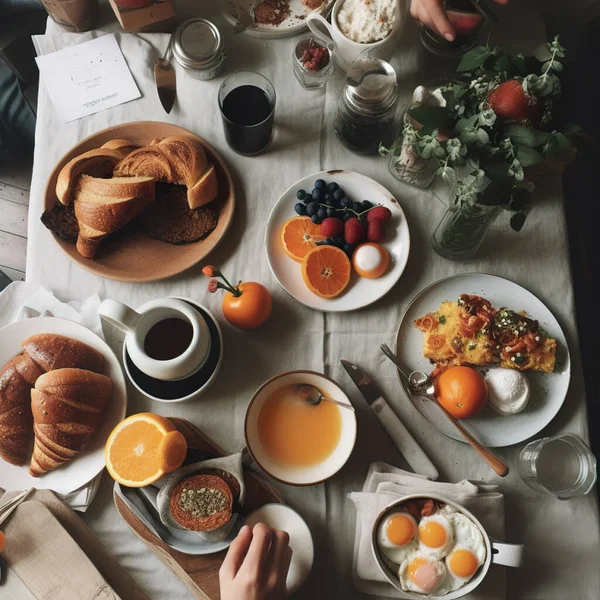 Sağlıklı kahvaltı masası sahnesi. Beyaz ahşap bir arka planda yukarıdan aşağıya doğru görünüyor. Omlet, besleyici kase, tost, granola bar, meyve suyu kasesi, yoğurt ve meyve. Yüksek kalite fotoğraf