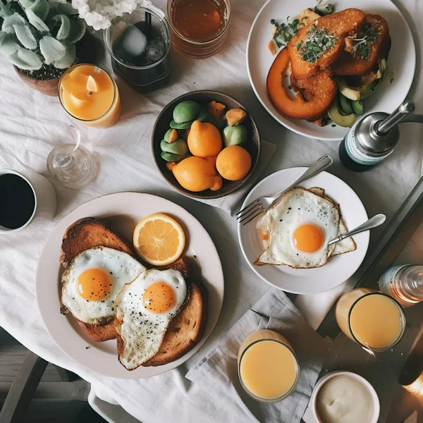 Sağlıklı kahvaltı masası sahnesi. Beyaz ahşap bir arka planda yukarıdan aşağıya doğru görünüyor. Omlet, besleyici kase, tost, granola bar, meyve suyu kasesi, yoğurt ve meyve. Yüksek kalite fotoğraf
