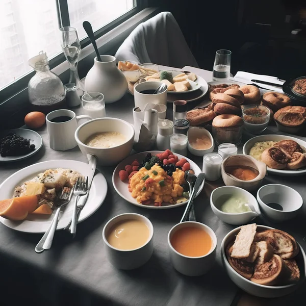 健康早餐餐桌上的场景 俯瞰白色的木横幅背景 采购产品煎蛋卷 营养碗 烤面包 燕麦条 平滑碗 酸奶和水果 高质量的照片 图库图片