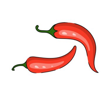 Acı biber ikonu seti. Kırmızı biberli kırmızıbiber. Düz dizayn. Beyaz arka plan. İzole edilmiş. Vektör illüstrasyonu.