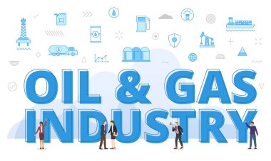 Büyük kelimelerle petrol ve gaz endüstrisi kavramı ve modern mavi renk vektörü ile yayılan ilgili ikonla çevrelenmiş insanlar