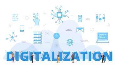 Büyük kelimelerle dijitalleştirme kavramı ve modern mavi renk biçimi vektörü ile yayılan ilgili simgelerle çevrili insanlar