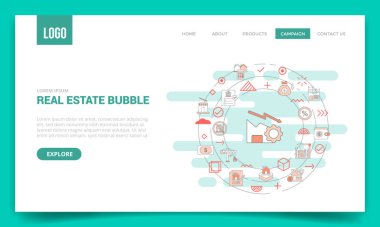 Web sitesi şablonu veya iniş sayfası ana sayfa çizimi için daire simgesi içeren emlak balonu kavramı