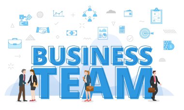 Büyük kelimelerle iş ekibi kavramı ve modern mavi renk vektörü ile yayılan ilgili ikonla çevrelenmiş insanlar.