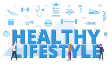Büyük kelimelerle dolu sağlıklı yaşam tarzı kavramı ve modern mavi renk tarzı vektörüyle yayılan ilgili ikonla çevrelenmiş insanlar.