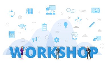 workshop concept with big words and people surrounded by related icon spreading with modern blue color style vector clipart