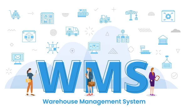 stock vector wms warehouse management concept with big words and people surrounded by related icon spreading vector illustration