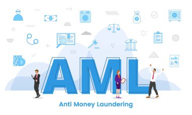 aml anti money laundering concept with big words and people surrounded by related icon with blue color style vector illustration