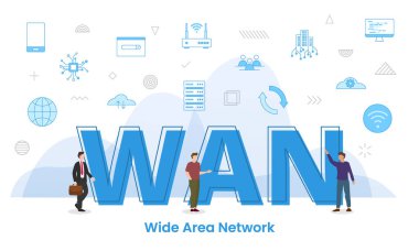 wan wide area network concept with big words and people surrounded by related icon with blue color style vector illustration
