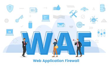 waf web application firewall concept with big words and people surrounded by related icon with blue color style vector illustration