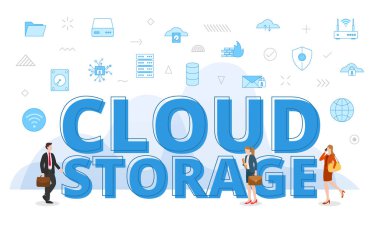 cloud storage concept with big words and people surrounded by related icon with blue color style vector illustration