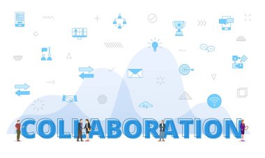 business collaboration concept with big words and people surrounded by related icon with blue color style vector illustration