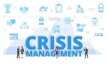 crisis management concept with big words and people surrounded by related icon with blue color style vector illustration