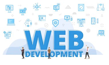web development website concept with big words and people surrounded by related icon with blue color style vector illustration