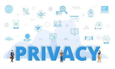 privacy concept with big words and people surrounded by related icon with blue color style vector illustration
