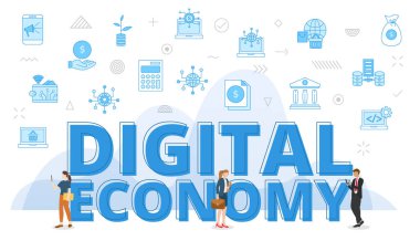 digital economy concept with big words and people surrounded by related icon with blue color style vector illustration