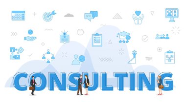 consulting concept with big words and people surrounded by related icon with blue color style vector illustration