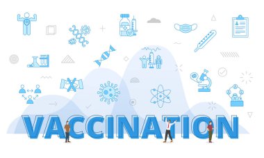 vaccination concept with big words and people surrounded by related icon with blue color style vector illustration