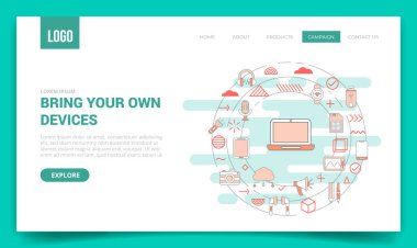 byod web sitesi şablonu veya iniş sayfası ana sayfası vektörü için daire simgesi ile kendi aygıt kavramınızı getirin