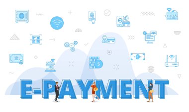 Büyük kelimelerle elektronik konsept ve mavi renk biçimi vektörü ile ilgili simge ile çevrili insanlar