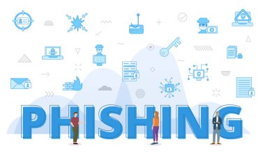 Büyük kelimelerle phishing kavramı ve mavi renk biçimi vektörü ile ilgili simge ile çevrili insanlar