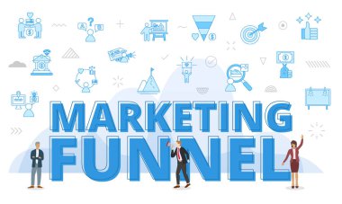 Büyük kelimelerle pazarlama hunisi kavramı ve mavi renk biçimi vektörü ile ilgili ikonla çevrelenmiş insanlar