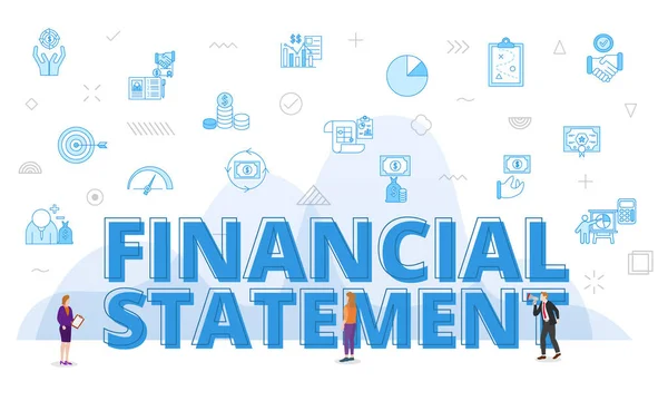 财务报表业务个人概念与大字和周围的人相关图标蓝色的风格矢量 — 图库矢量图片