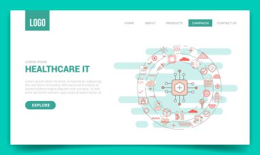 Web sitesi şablonu veya iniş sayfası ana sayfa çizimi için çember simgesi ile sağlık hizmeti teknolojisi bilgi kavramı