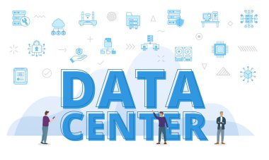 büyük kelimelerle veri merkezi kavramı ve mavi renk biçimi illüstrasyonlu ilgili simgelerle çevrelenmiş insanlar