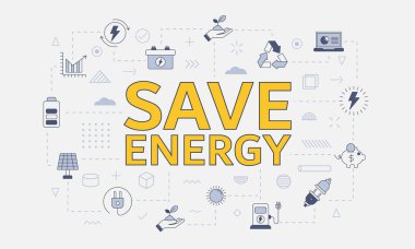 Enerji kavramını merkez vektör üzerinde büyük kelime veya metin olan simge setiyle kaydet
