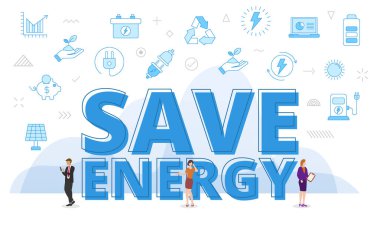 Enerji kavramını büyük kelimelerle ve ilgili mavi renk biçimi vektörüyle çevrili insanlarla kaydet
