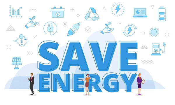 stock vector save energy concept with big words and people surrounded by related icon with blue color style vector