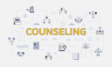 Merkezi vektör illüstrasyonunda büyük sözcük veya metin içeren bir danışmanlık kavramı