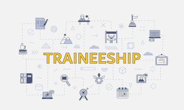 Merkez vektör illüstrasyonunda büyük kelime ya da metin içeren simge kümeli staj konsepti