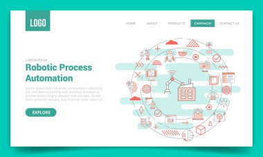 Rpa robotik süreç otomasyon kavramı web sitesi şablonu veya iniş sayfası ana sayfa illüstrasyonu için çember simgesi ile