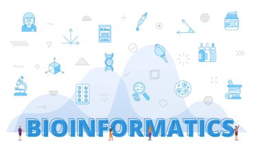 Büyük kelimelerle biyoenformatik konsept ve mavi renk biçimi illüstrasyonlu ilgili simge ile çevrili insanlar