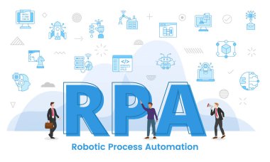 rpa robotik süreç otomasyon kavramı büyük kelimeler ve ilgili ikon ile çevrelenmiş insanlar mavi renk vektör illüstrasyonu