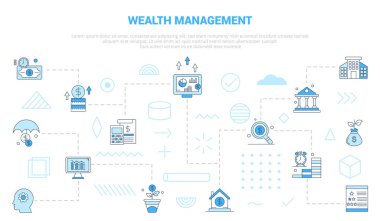 Günümüz mavi renk biçimi illüstrasyonuna sahip ikon set afişi ile zenginlik yönetimi kavramı