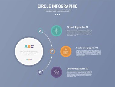 Slayt sunum vektörü için büyük daire merkezi ve yarım çizgi bağlantısı olan 3 nokta çember bilgi aşaması veya adım şablonu