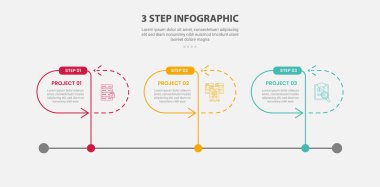 Slayt sunum vektörü için 3 nokta adım şablonu, yuvarlak kabın zaman çizgisi biçimi ve ok çizgisi ile 3 noktalı bilgi çizgisi biçimi