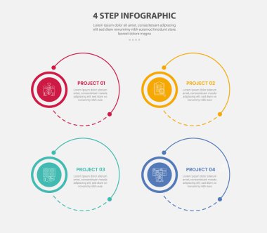 Slayt sunum vektörü için büyük daire kombinasyonlu 4 nokta basamak şablonu ile 4 noktalı bilgi çizimi biçimi