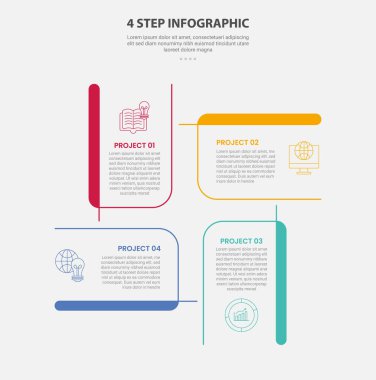 Slayt sunum vektörü için 4 nokta adım şablonu ve yaratıcı dikdörtgen kutu dairesel döngü taban merkezli 4 nokta bilgi çizim biçimi