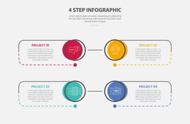 Slayt sunum vektörü için noktalı çizgili, büyük daire kenarı ve çizgi kutusuna sahip 4 nokta nokta adım şablonu ile 4 noktalı bilgi çizgisi biçimi